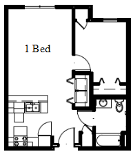 A floor plan of a one bedroom apartment.